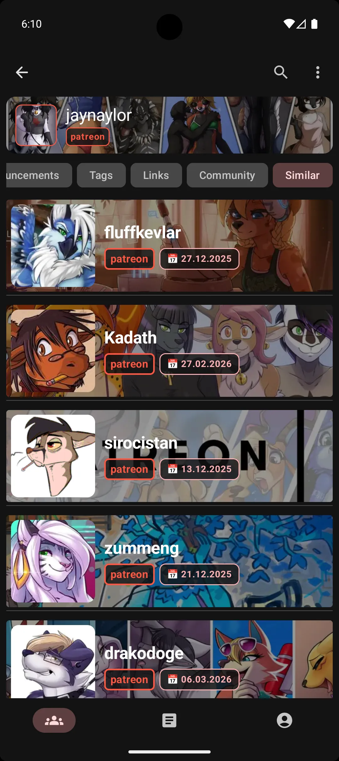 Similar creators screen