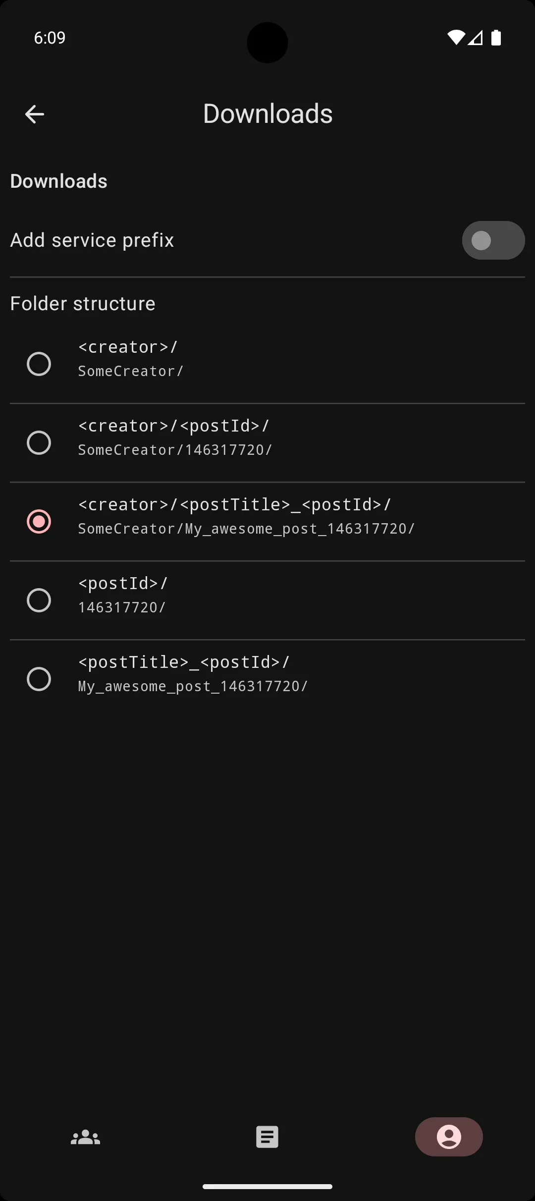 Download settings screen