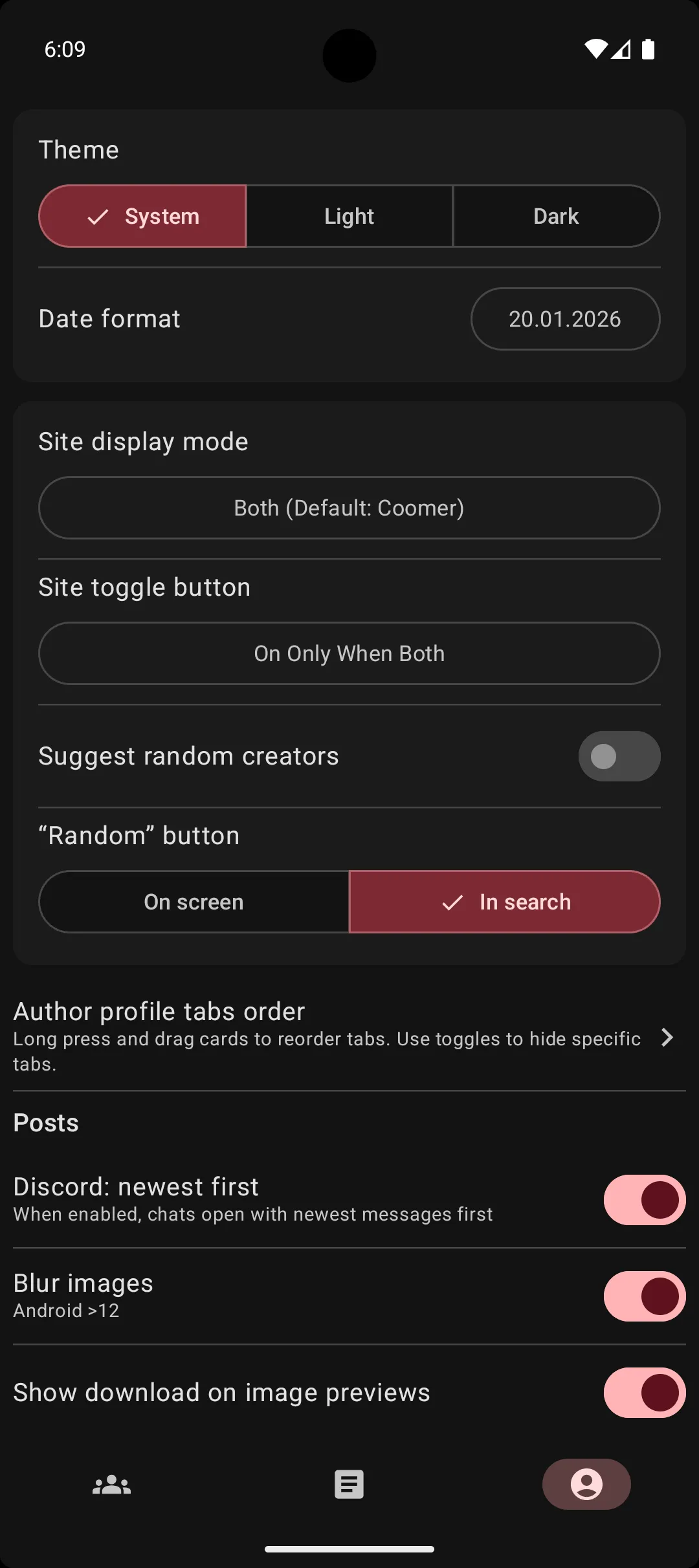 Interface settings screen